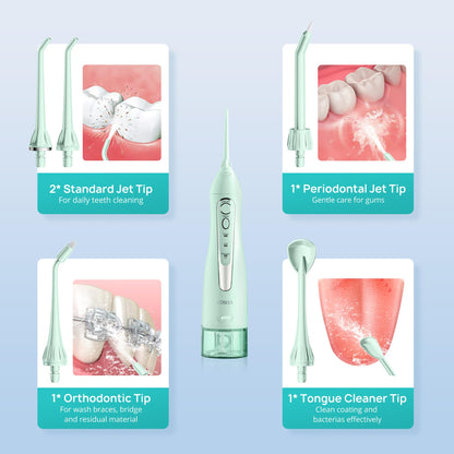 COSLUS Water Dental Flosser Teeth Pick: Portable Cordless Oral Irrigator 300ML Rechargeable Travel Irrigation Cleaner IPX7 Waterproof Electric Waterflosser for Teeth Cleaning F5020E Green-UPStoxs