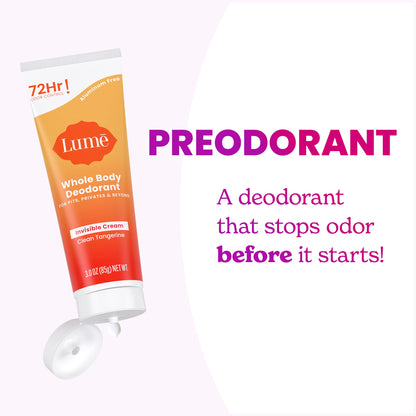 Lume Whole Body Deodorant - Invisible Cream Tube - 72 Hour Odor Control - Aluminum Free, Baking Soda Free, Skin Safe - 3.0 ounce (Clean Tangerine)-UPStoxs