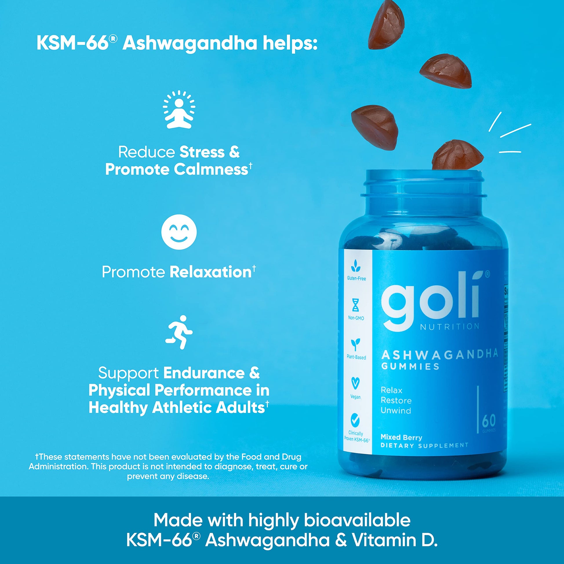 Goli Ashwagandha & Vitamin D Gummy - 180 Count - Mixed Berry, KSM-66, Vegan, Plant Based, Non-GMO, Gluten-Free & Gelatin Free Relax. Restore. Unwind, Pack of 3-UPStoxs