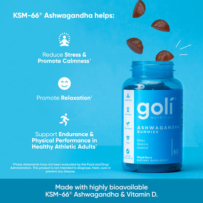 Goli Ashwagandha & Vitamin D Gummy - 180 Count - Mixed Berry, KSM-66, Vegan, Plant Based, Non-GMO, Gluten-Free & Gelatin Free Relax. Restore. Unwind, Pack of 3-UPStoxs